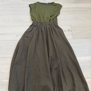 A Frame Ruffled Waist Olive and Chocolate Chip Dress